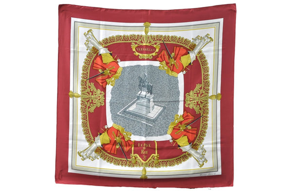 Authentic HERMES Carre 90 Scarf "Versailles" Silk Red Bordeaux 9630D