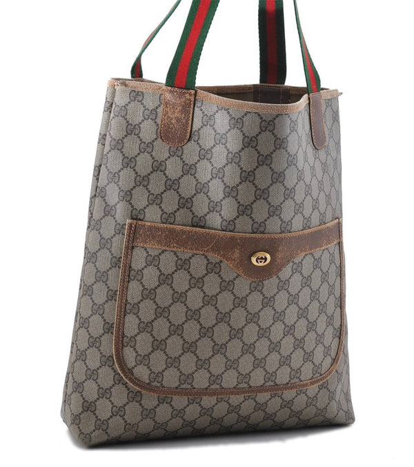 Authentic GUCCI Web Sherry Line Shoulder Tote Bag GG PVC Leather Brown 9631C