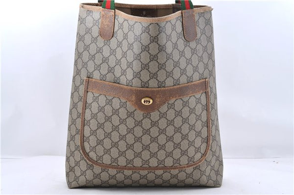 Authentic GUCCI Web Sherry Line Shoulder Tote Bag GG PVC Leather Brown 9631C