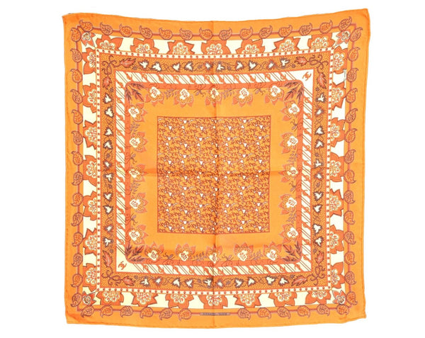 Auth HERMES Petit Carre 40 Scarf Handkerchief Plants Pattern Silk Orange 9633D