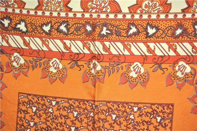 Auth HERMES Petit Carre 40 Scarf Handkerchief Plants Pattern Silk Orange 9633D