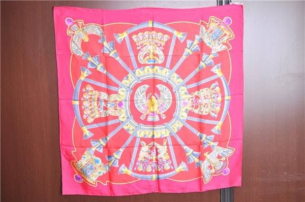 Authentic HERMES Carre 90 Scarf Scarab beetle Motif Silk Pink Gold 9635D