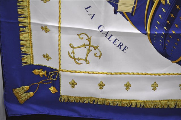 HERMES Carre 90 Scarf "VUE DU CAROSSE DE LA GALERE LA REALE" Silk Blue 9640D