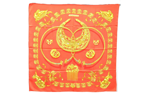 Authentic HERMES Carre 90 Scarf "LES CAVALIERS D'OR" Silk Red 9641D