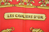 Authentic HERMES Carre 90 Scarf "LES CAVALIERS D'OR" Silk Red 9641D