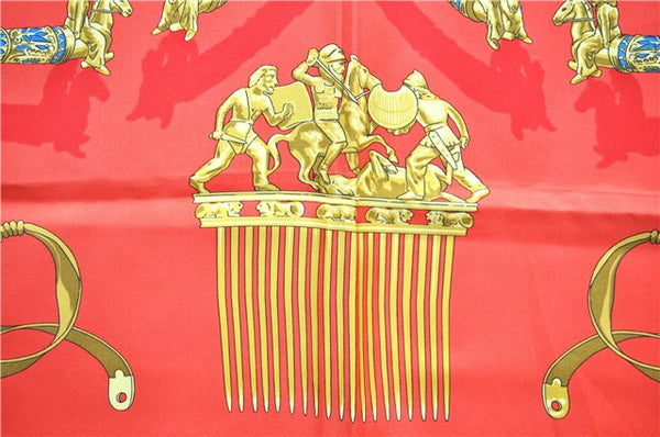 Authentic HERMES Carre 90 Scarf "LES CAVALIERS D'OR" Silk Red 9641D