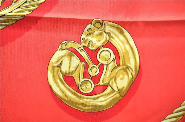 Authentic HERMES Carre 90 Scarf "LES CAVALIERS D'OR" Silk Red 9641D