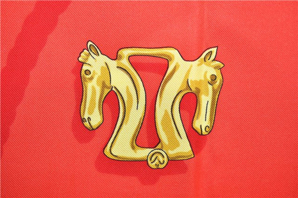 Authentic HERMES Carre 90 Scarf "LES CAVALIERS D'OR" Silk Red 9641D