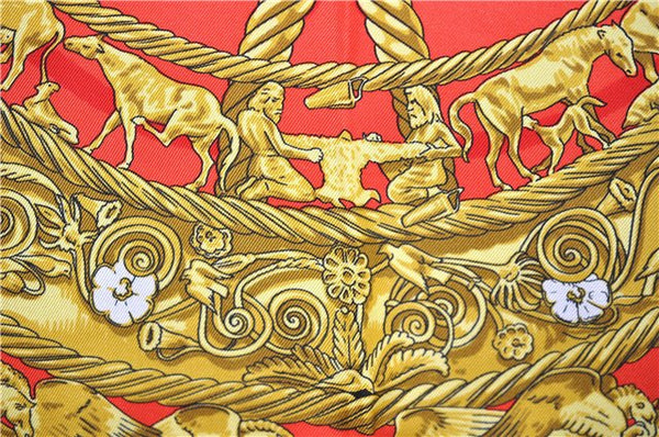 Authentic HERMES Carre 90 Scarf "LES CAVALIERS D'OR" Silk Red 9641D