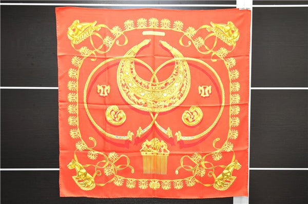 Authentic HERMES Carre 90 Scarf "LES CAVALIERS D'OR" Silk Red 9641D