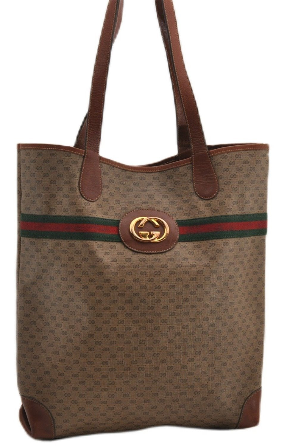 Authentic GUCCI Web Sherry Line Micro GG Tote Bag PVC Leather Brown 9644E