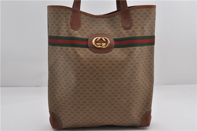 Authentic GUCCI Web Sherry Line Micro GG Tote Bag PVC Leather Brown 9644E