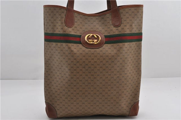 Authentic GUCCI Web Sherry Line Micro GG Tote Bag PVC Leather Brown 9644E