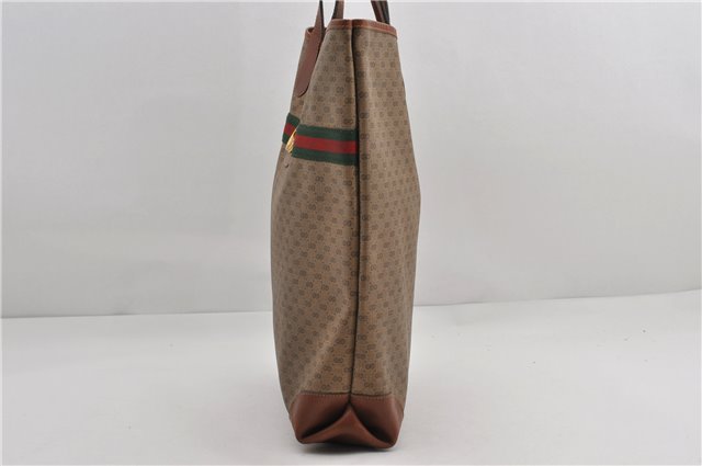 Authentic GUCCI Web Sherry Line Micro GG Tote Bag PVC Leather Brown 9644E