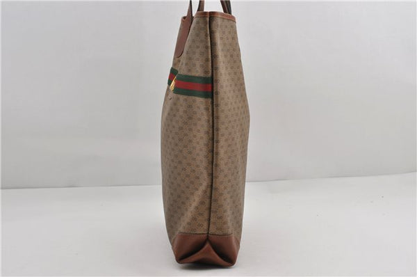 Authentic GUCCI Web Sherry Line Micro GG Tote Bag PVC Leather Brown 9644E