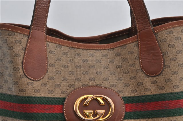 Authentic GUCCI Web Sherry Line Micro GG Tote Bag PVC Leather Brown 9644E