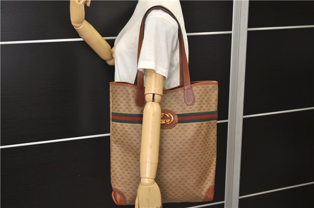 Authentic GUCCI Web Sherry Line Micro GG Tote Bag PVC Leather Brown 9644E