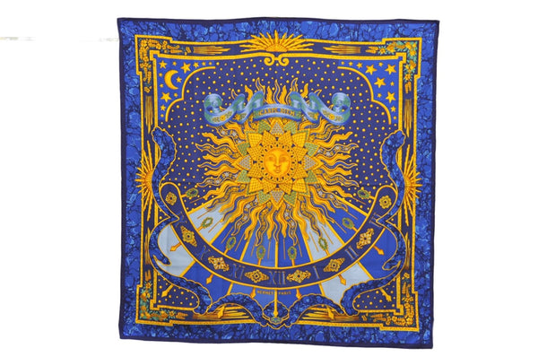 Authentic HERMES Carre 90 Scarf "CARPE DIEM" Silk Navy Blue 9645D