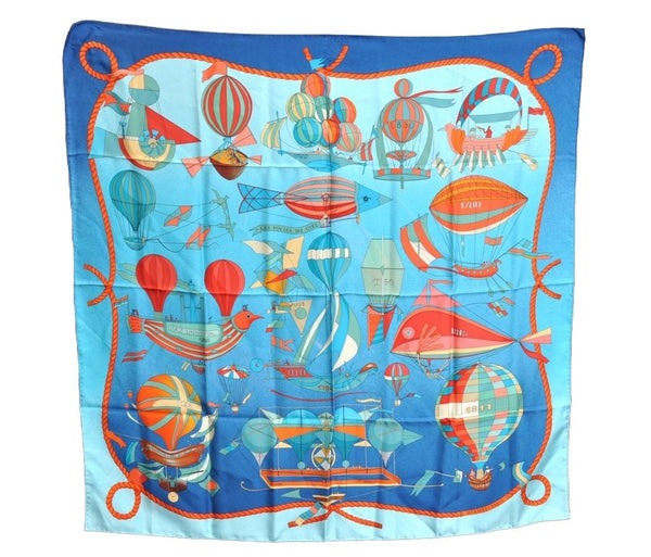 Authentic HERMES Carre 90 Scarf "LES FOLIES DU CIEL" Silk Blue 9647F