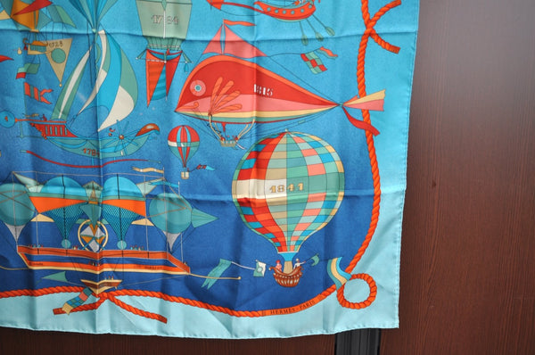 Authentic HERMES Carre 90 Scarf "LES FOLIES DU CIEL" Silk Blue 9647F