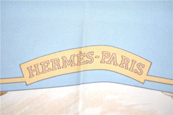 Authentic HERMES Carre 90 Scarf "Auteuil en Mai" Silk Light Blue 9649F