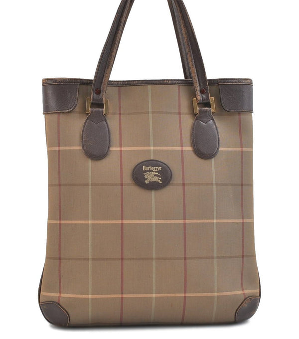 Authentic Burberrys Check Shoulder Tote Bag Canvas Leather Khaki Brown 9653C