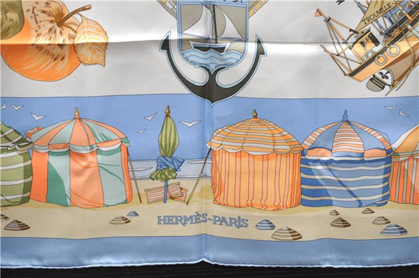 Authentic HERMES Carre 90 Scarf "CHARMES DES PLAGES" Silk Light Blue Box 9655D