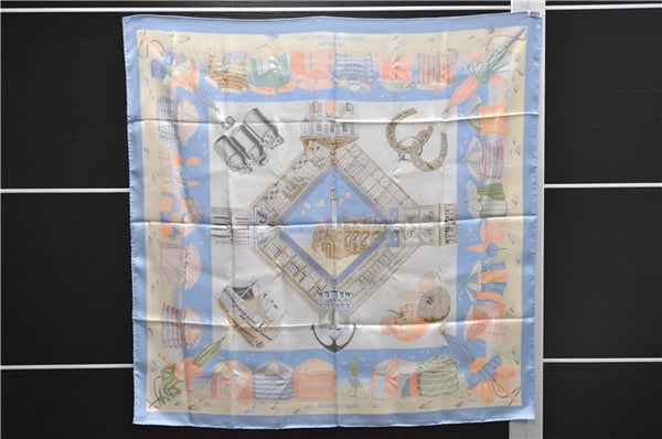 Authentic HERMES Carre 90 Scarf "CHARMES DES PLAGES" Silk Light Blue Box 9655D