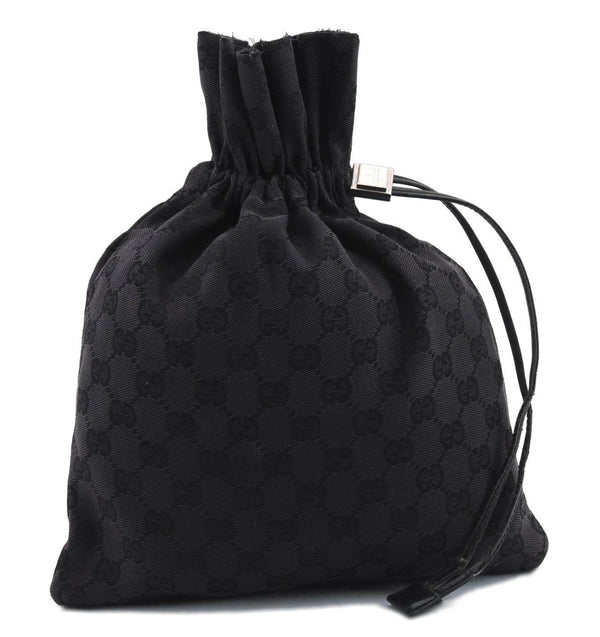 Authentic GUCCI Drawstring Pouch Purse GG Canvas Leather 0141137 Black 9662C