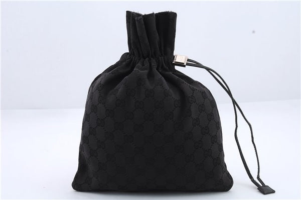 Authentic GUCCI Drawstring Pouch Purse GG Canvas Leather 0141137 Black 9662C