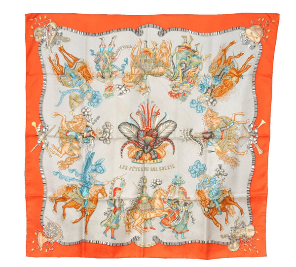 Authentic HERMES Carre 90 Scarf "LES FETES DU ROI SOLEIL" Silk Orange 9670F