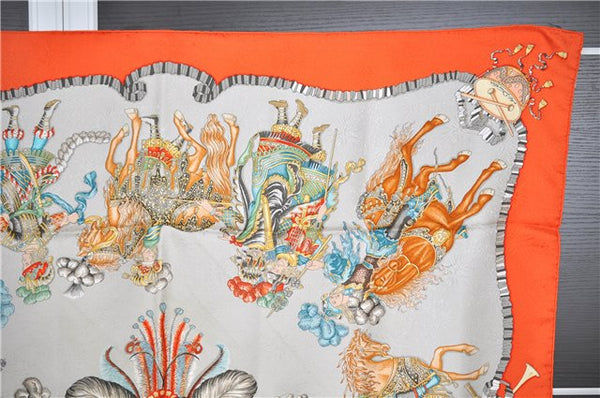 Authentic HERMES Carre 90 Scarf "LES FETES DU ROI SOLEIL" Silk Orange 9670F