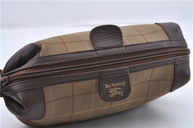 Authentic Burberrys Check Canvas Leather Clutch Hand Bag Purse Khaki Green 9680C