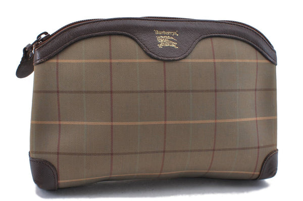 Authentic Burberrys Check Canvas Leather Clutch Hand Bag Purse Khaki Green 9681C