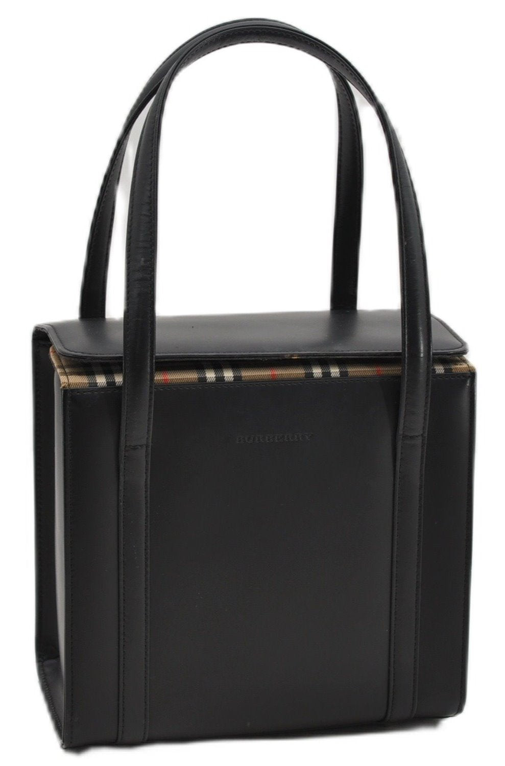 Authentic BURBERRY Check Vintage Leather Hand Bag Purse Black 9686E