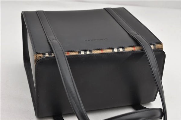 Authentic BURBERRY Check Vintage Leather Hand Bag Purse Black 9686E