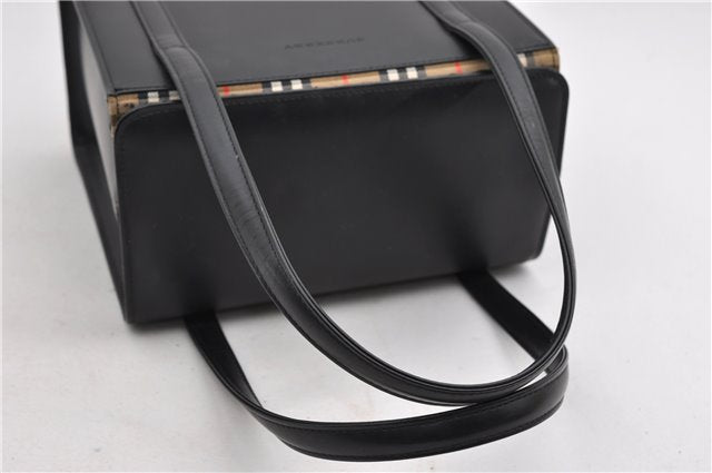 Authentic BURBERRY Check Vintage Leather Hand Bag Purse Black 9686E