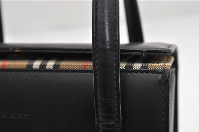 Authentic BURBERRY Check Vintage Leather Hand Bag Purse Black 9686E