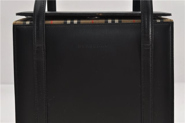 Authentic BURBERRY Check Vintage Leather Hand Bag Purse Black 9686E