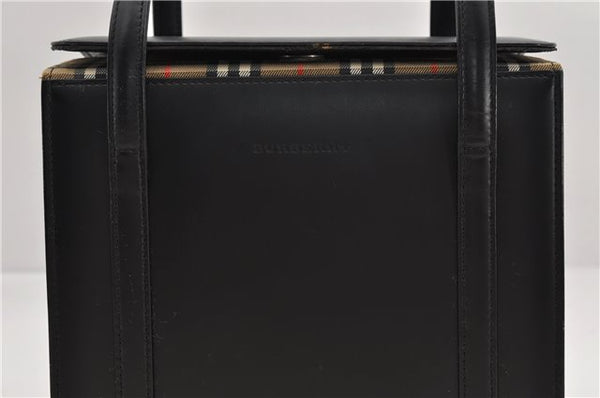 Authentic BURBERRY Check Vintage Leather Hand Bag Purse Black 9686E