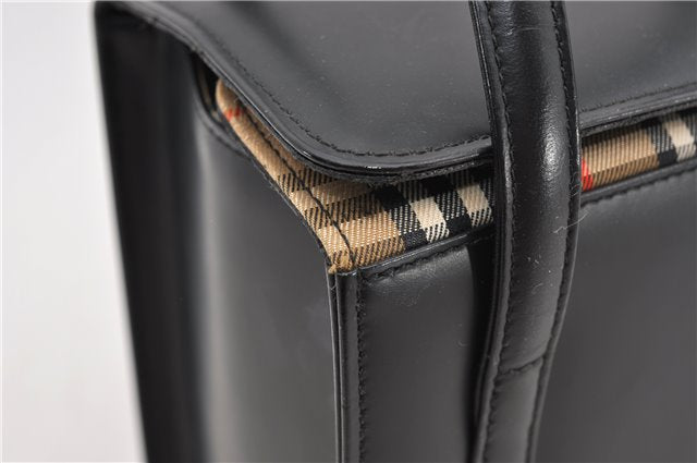 Authentic BURBERRY Check Vintage Leather Hand Bag Purse Black 9686E