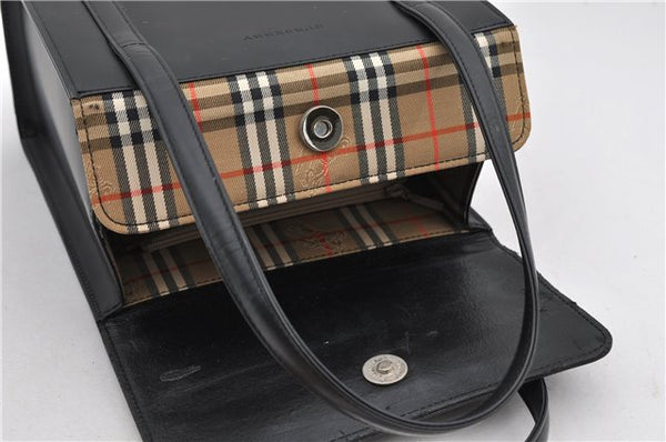 Authentic BURBERRY Check Vintage Leather Hand Bag Purse Black 9686E