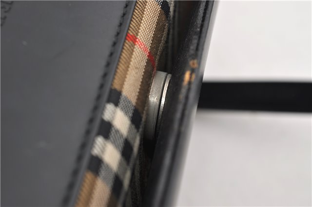 Authentic BURBERRY Check Vintage Leather Hand Bag Purse Black 9686E
