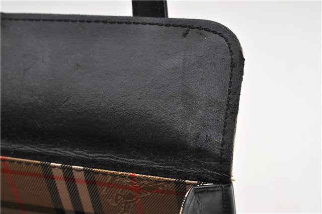 Authentic BURBERRY Check Vintage Leather Hand Bag Purse Black 9686E