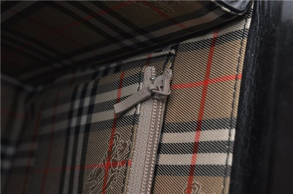 Authentic BURBERRY Check Vintage Leather Hand Bag Purse Black 9686E