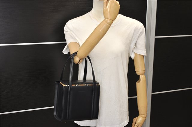 Authentic BURBERRY Check Vintage Leather Hand Bag Purse Black 9686E