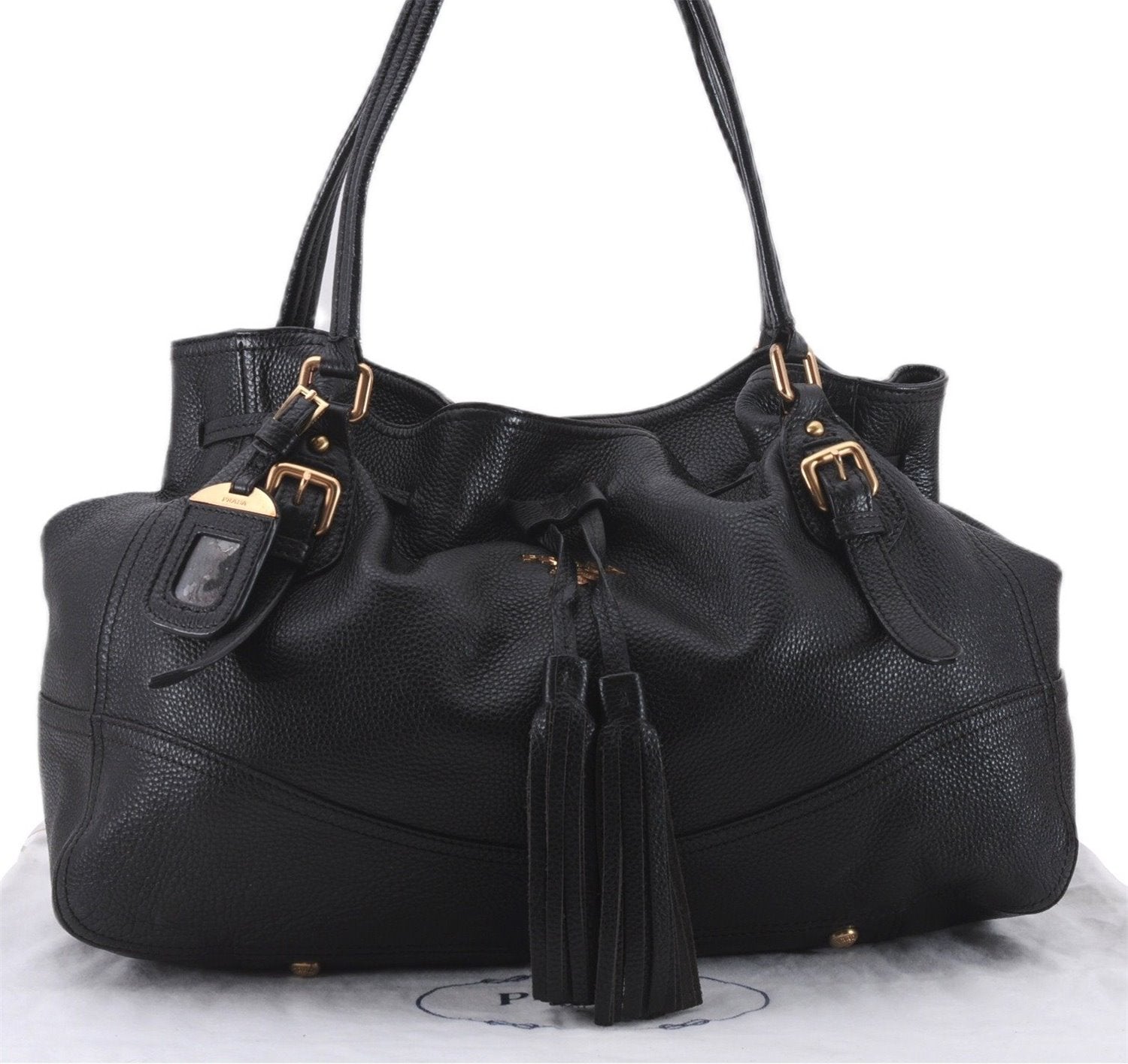 Authentic PRADA Vintage Tassel Shoulder Drawstring Bag Leather Black 9689E