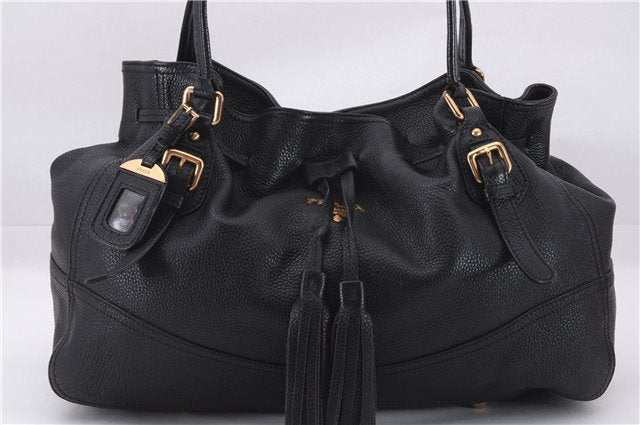 Authentic PRADA Vintage Tassel Shoulder Drawstring Bag Leather Black 9689E
