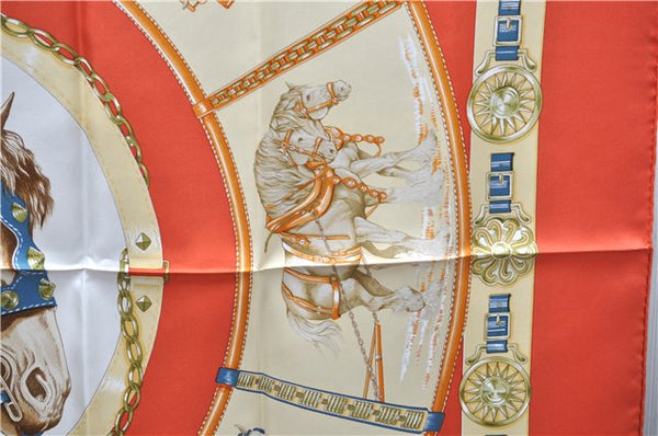 Authentic HERMES Carre 90 Scarf "CHEVAIIX DE TRAIT" Silk Orange 9696D