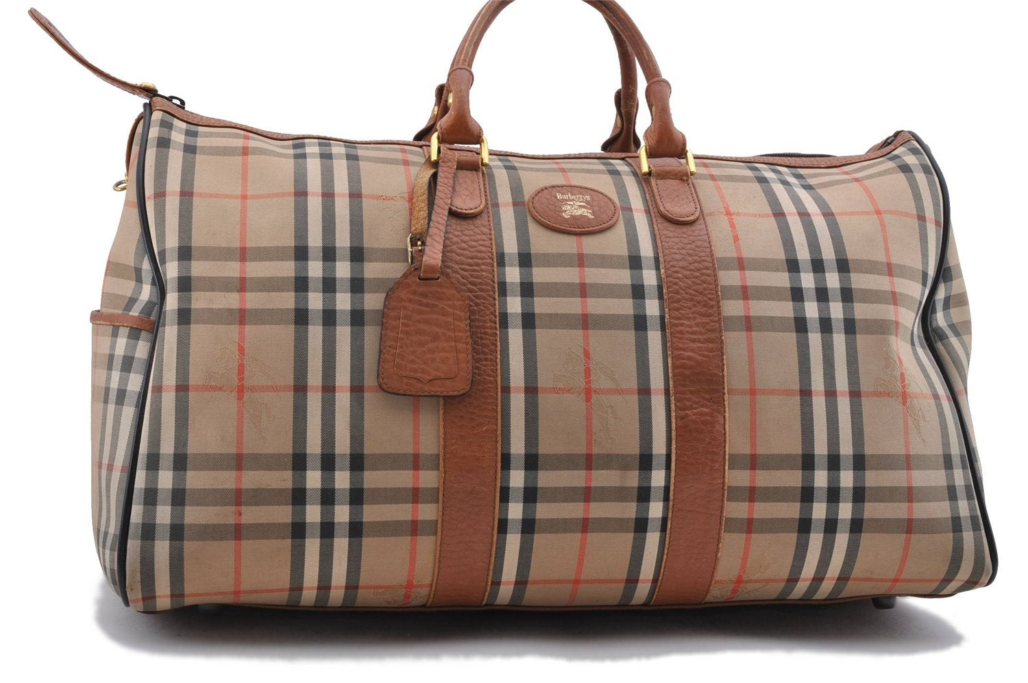 Authentic Burberrys Vintage Check Canvas Travel Boston Bag Brown Beige 9698C